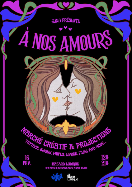 Affiche de l'événement "À nos amours" organisé par JUNA le dimanche 16 février 2025 au Hasard Ludique